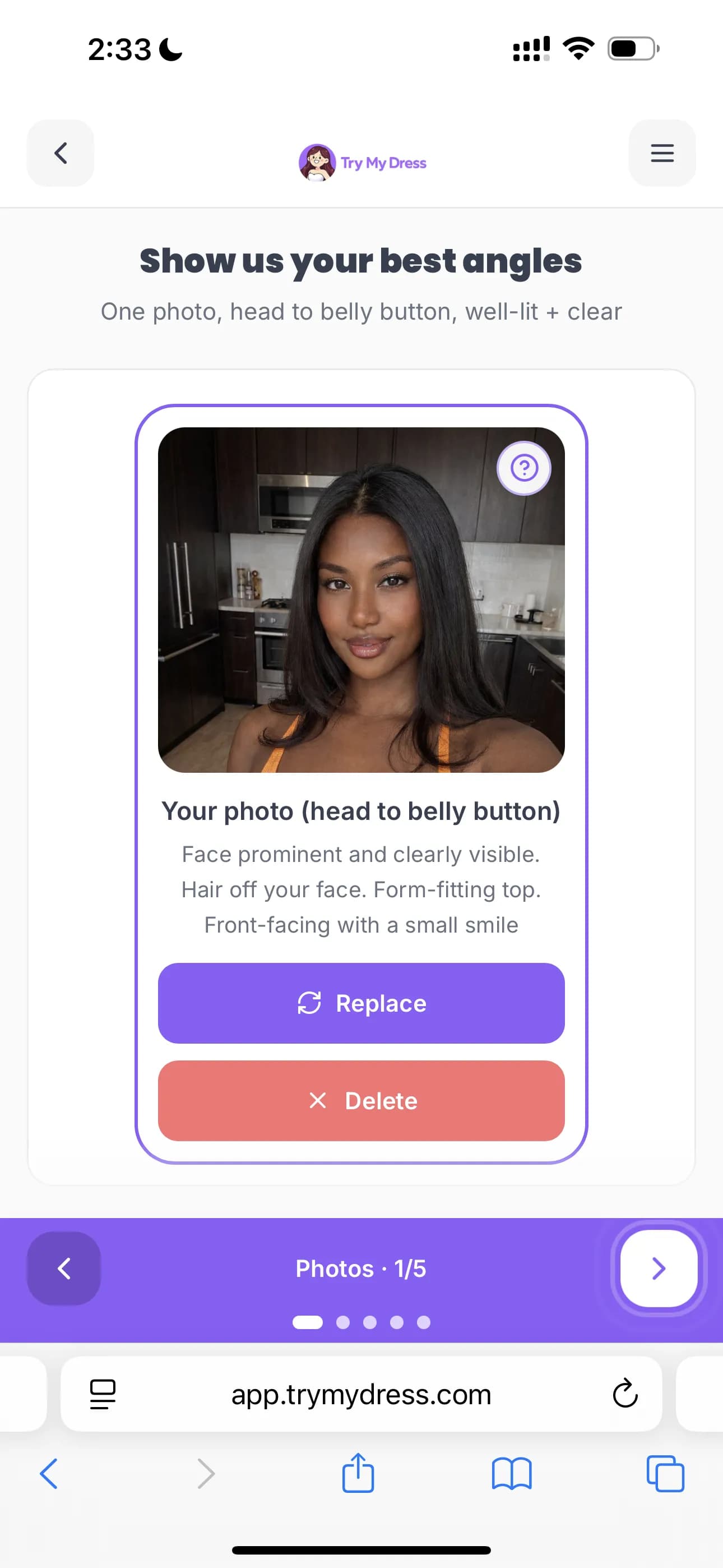 TryMyDress app — upload your photo screen
