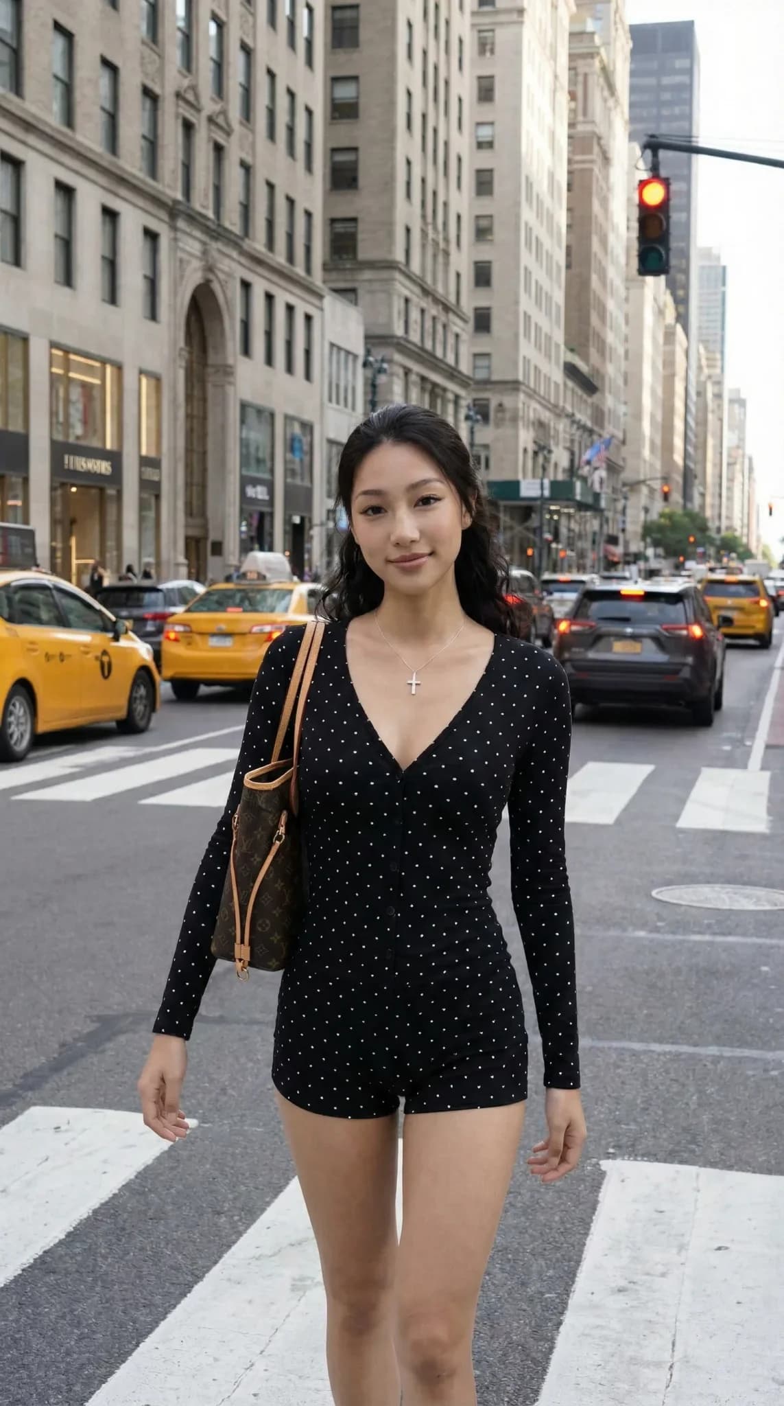 Model in black polka dot romper on NYC crosswalk