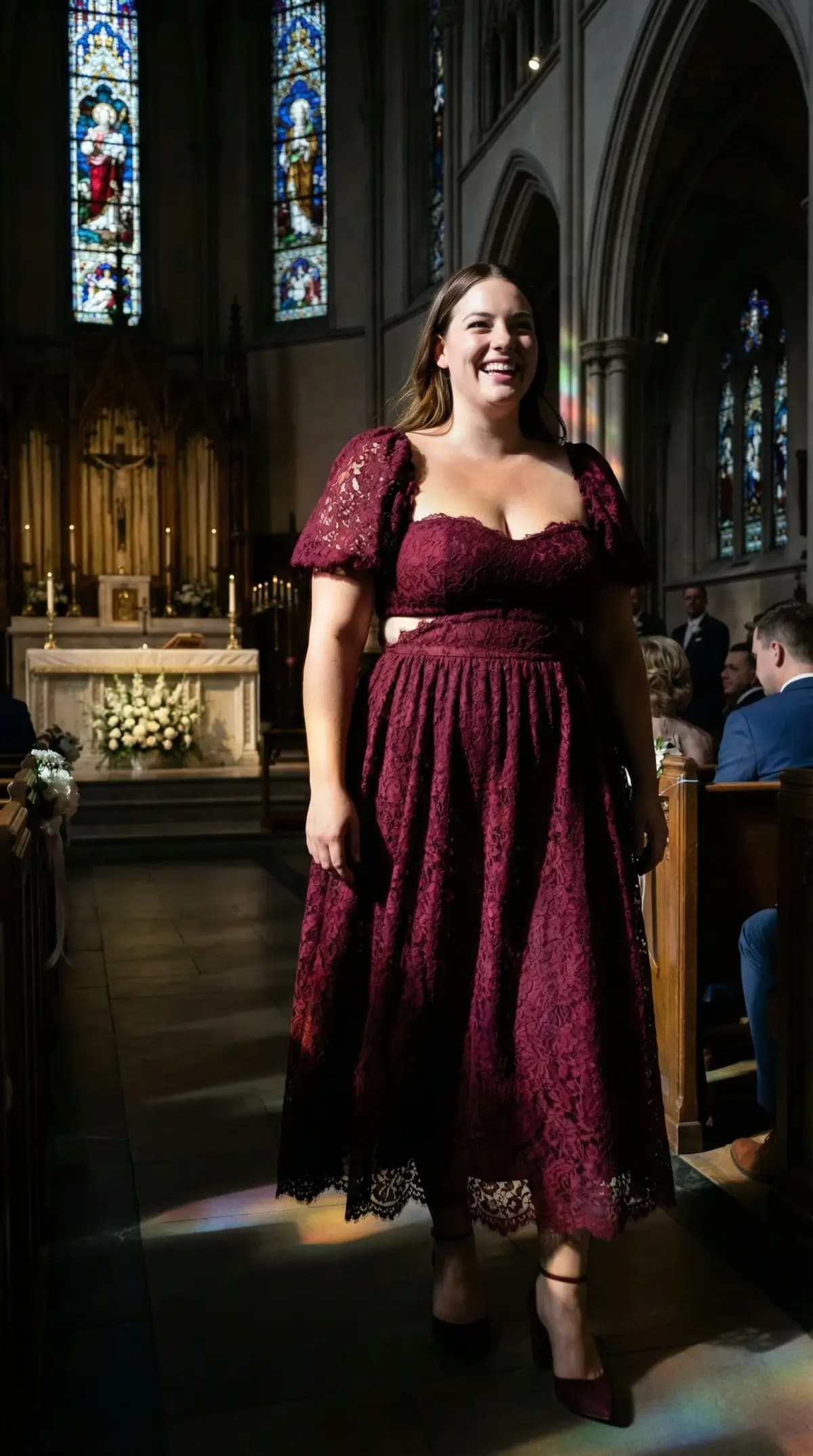 Same model in burgundy lace midi dress in cathedral