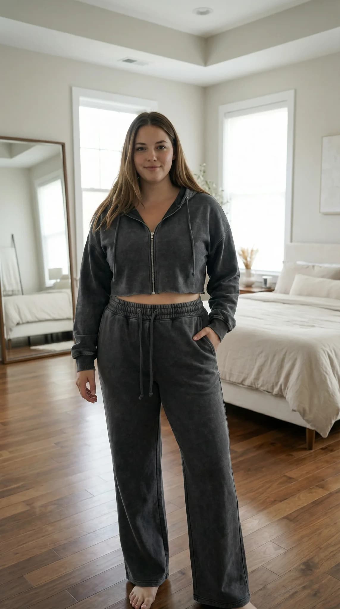 Model in charcoal hoodie and sweatpants in bedroom