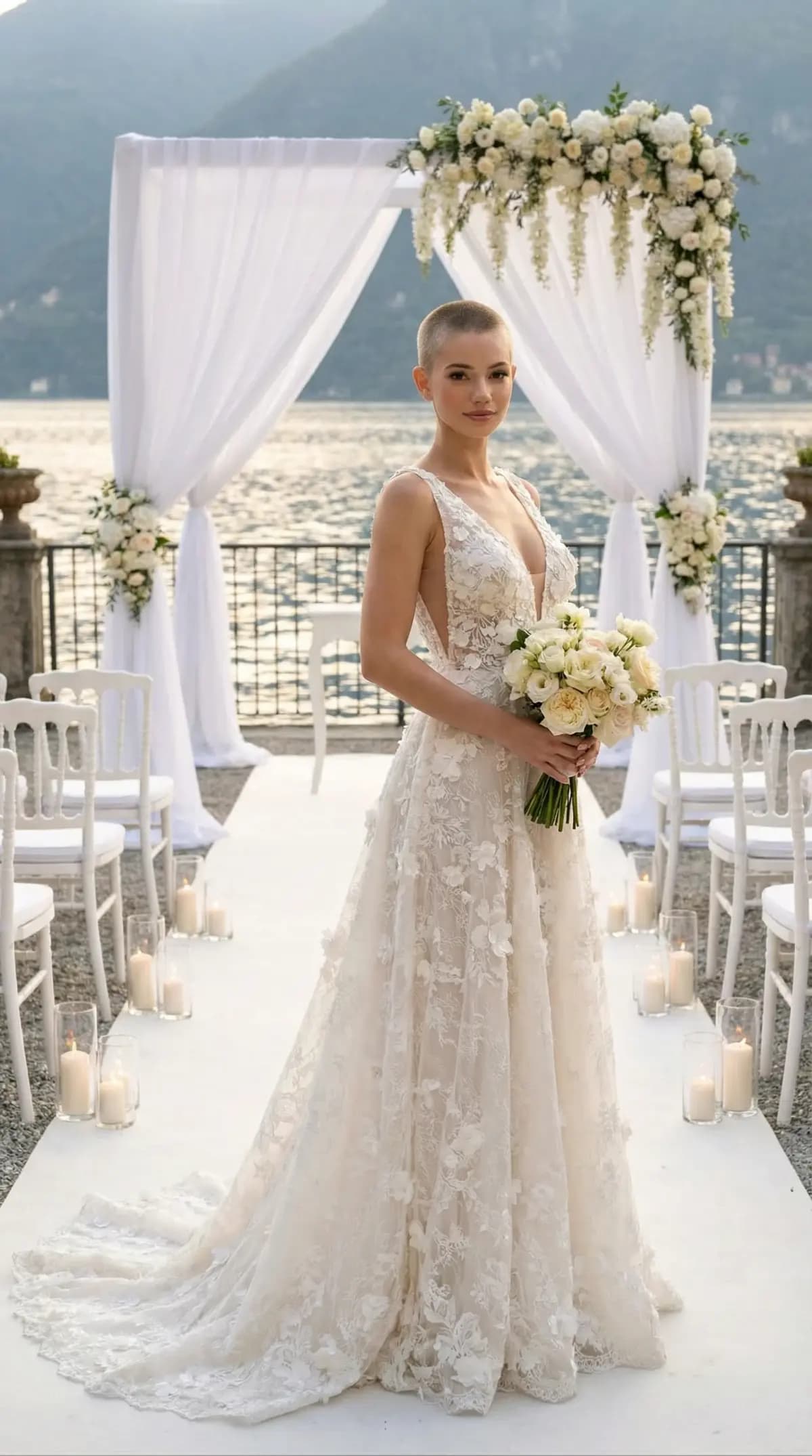 Same model in floral lace A-line wedding dress at Lake Como