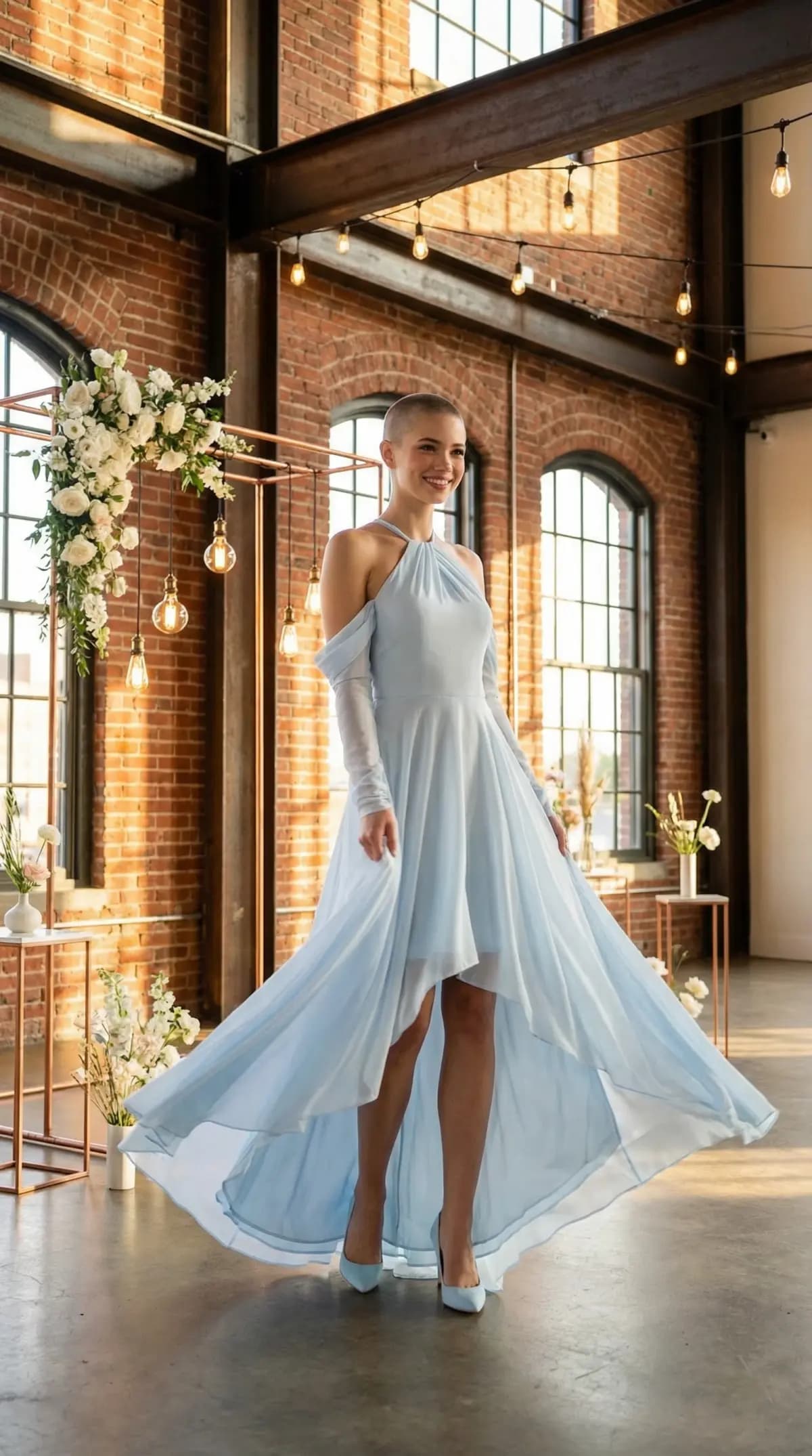 Same model in ice blue halter high-low dress in industrial loft