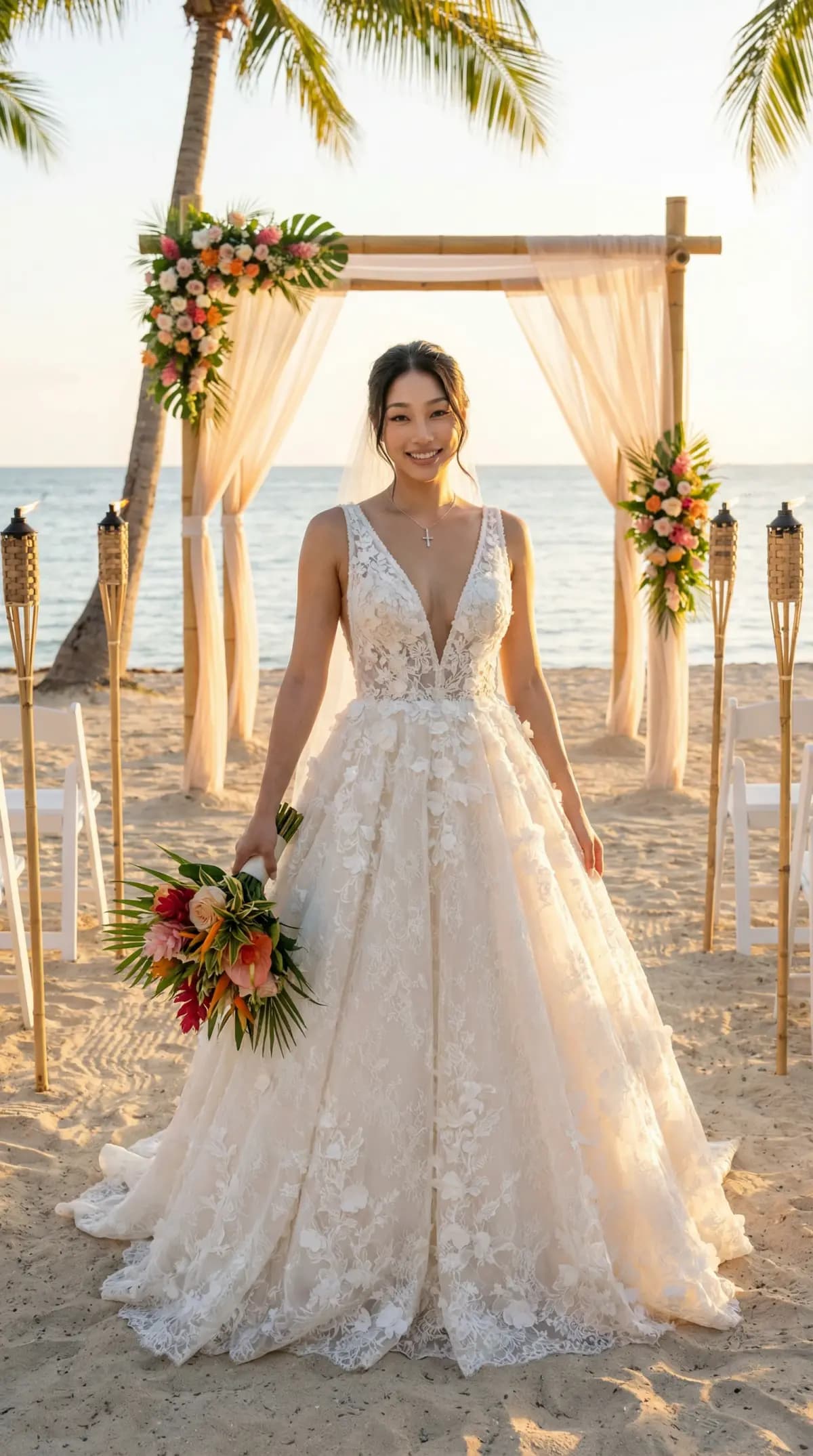 Same model in lace A-line wedding gown at tropical beach