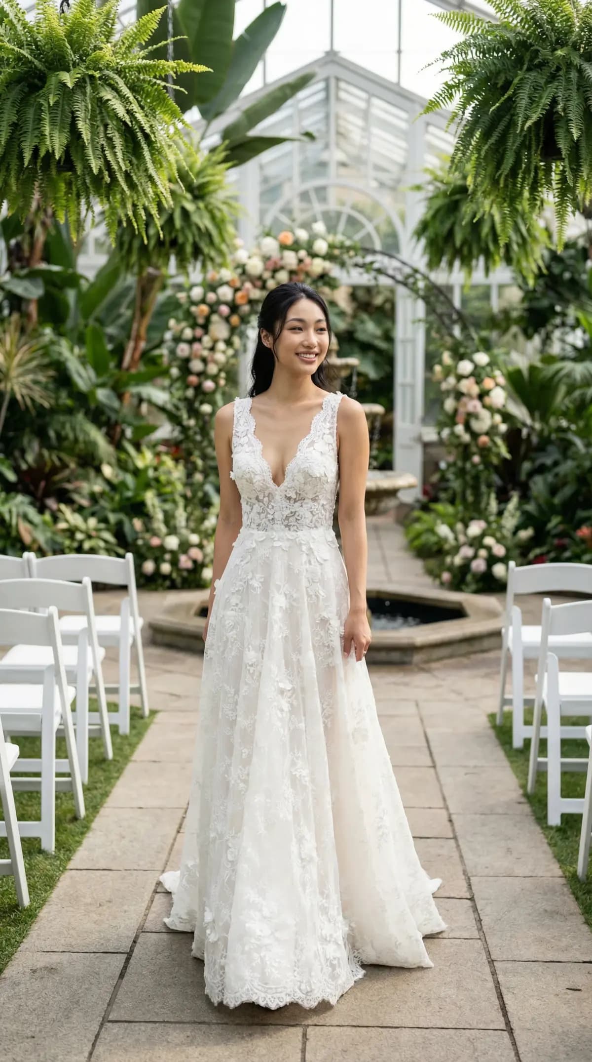 Same model in lace V-neck A-line gown at botanical conservatory