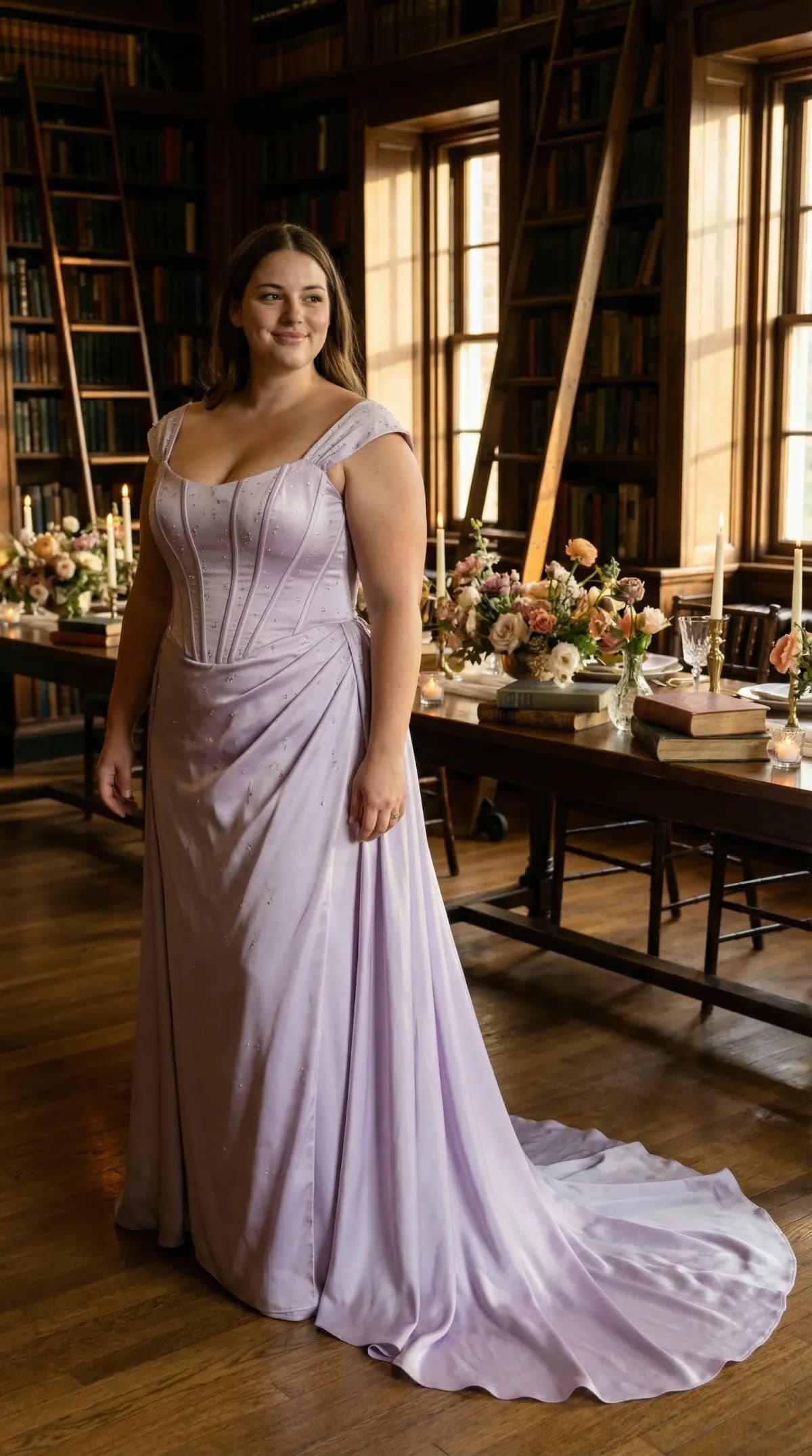 Same model in lavender corset gown in library