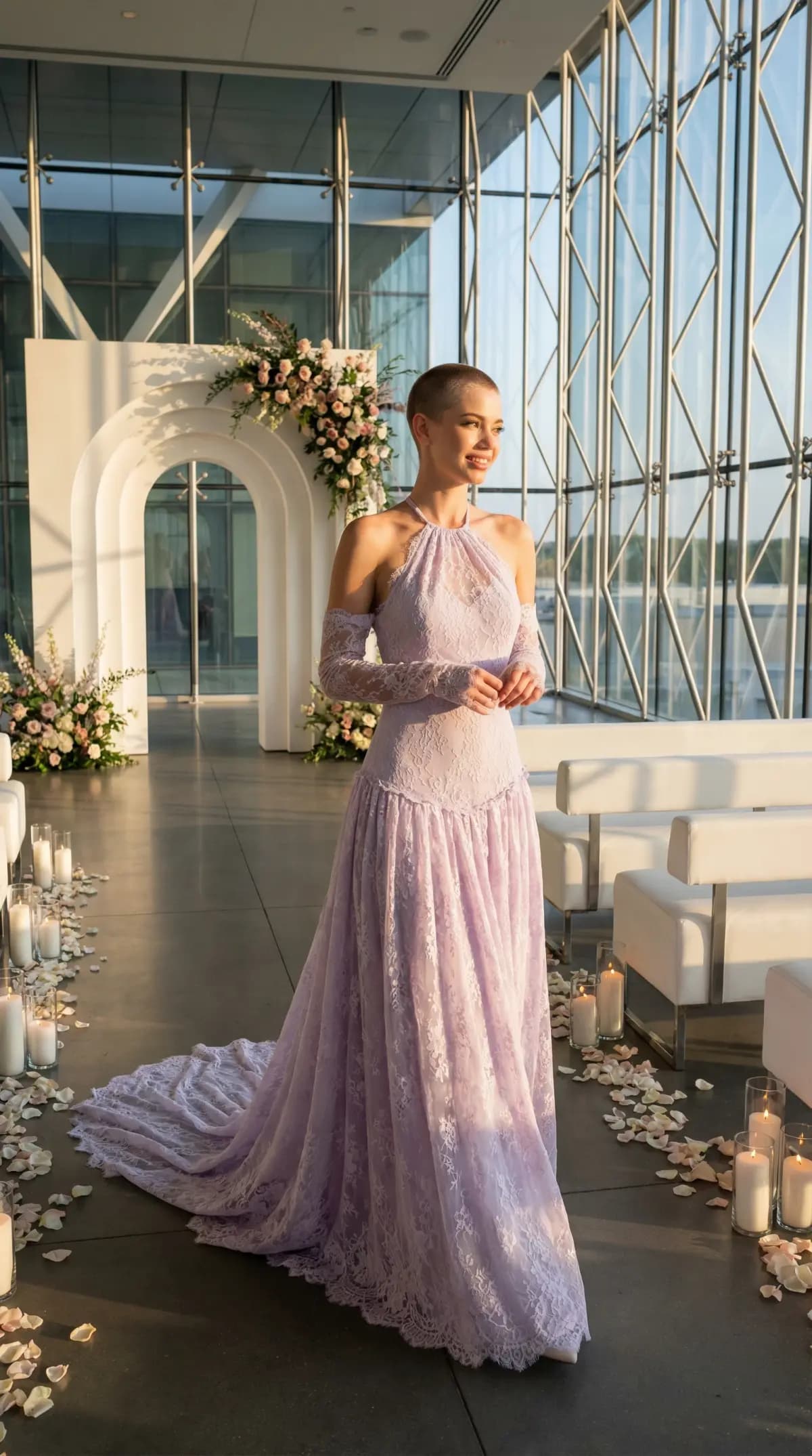 Same model in lavender lace halter gown at modern glass venue