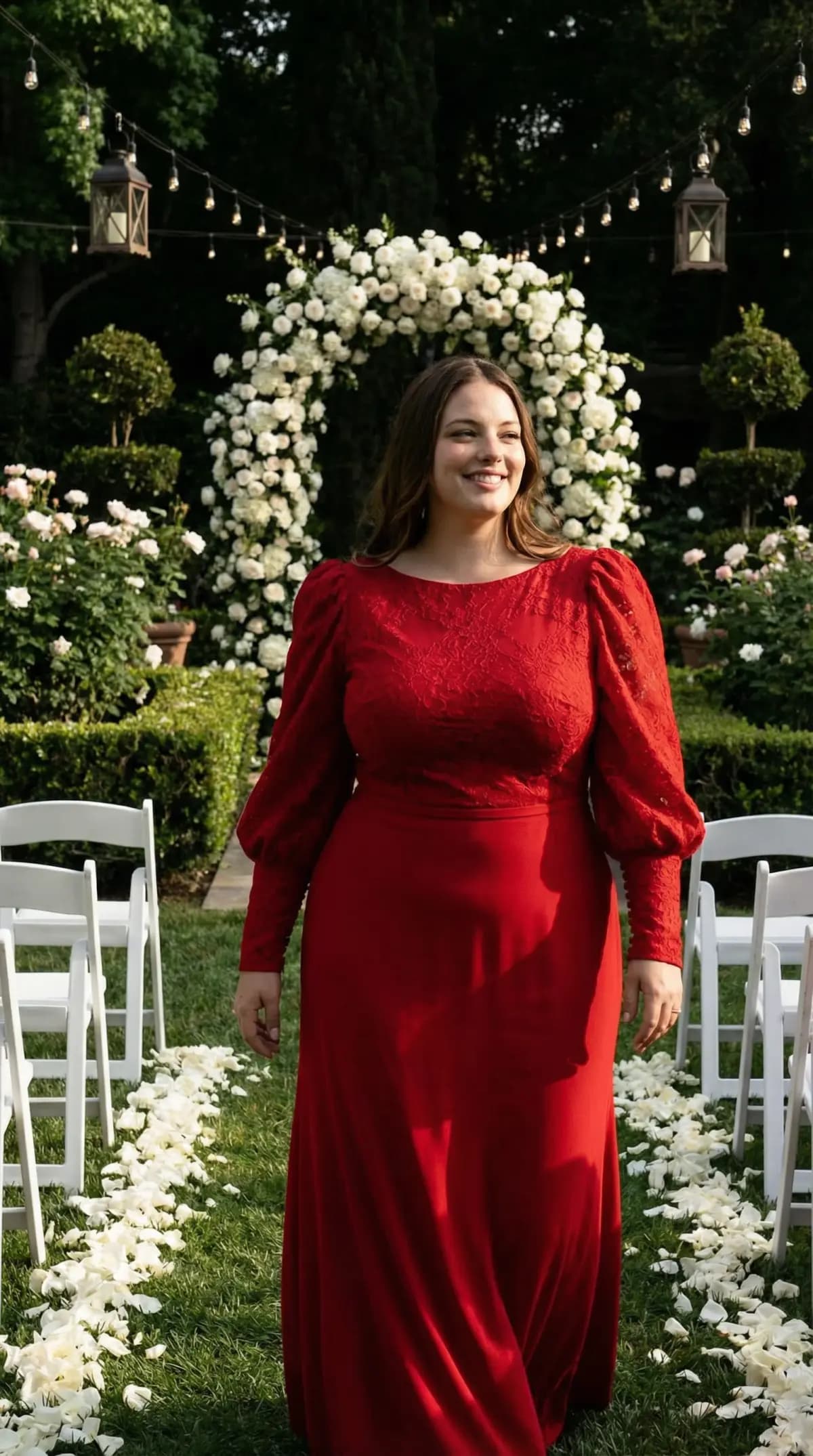 Same model in red puff-sleeve maxi dress in garden