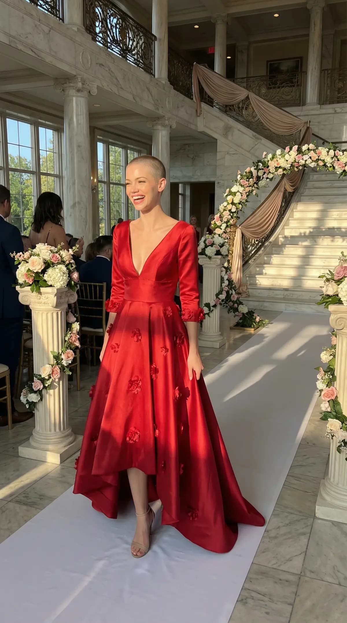 Same model in red satin V-neck dress in marble ballroom