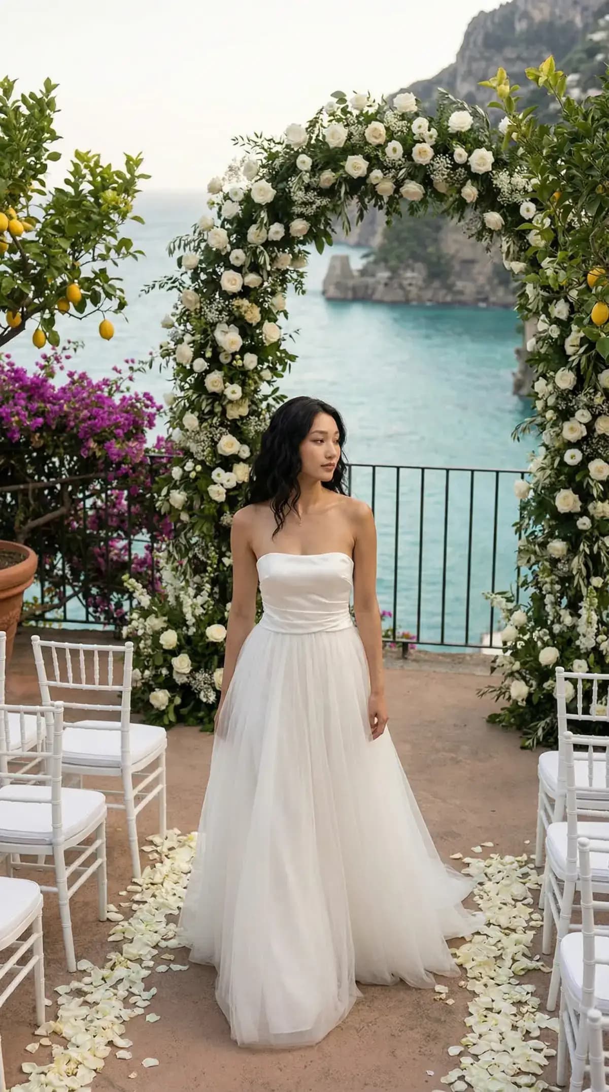 Same model in strapless tulle gown at Amalfi Coast