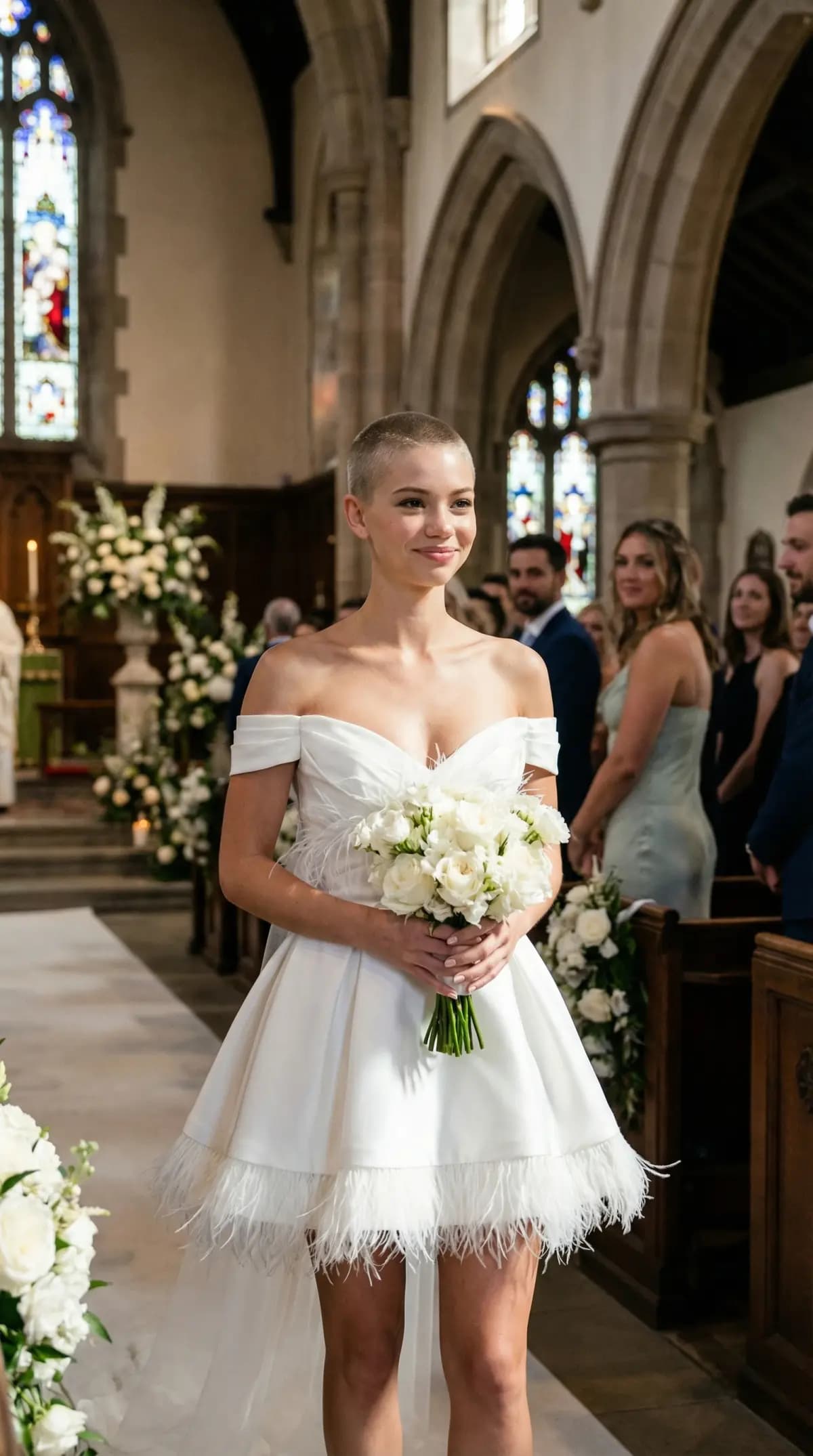 Same model in white off-shoulder feather mini dress in church