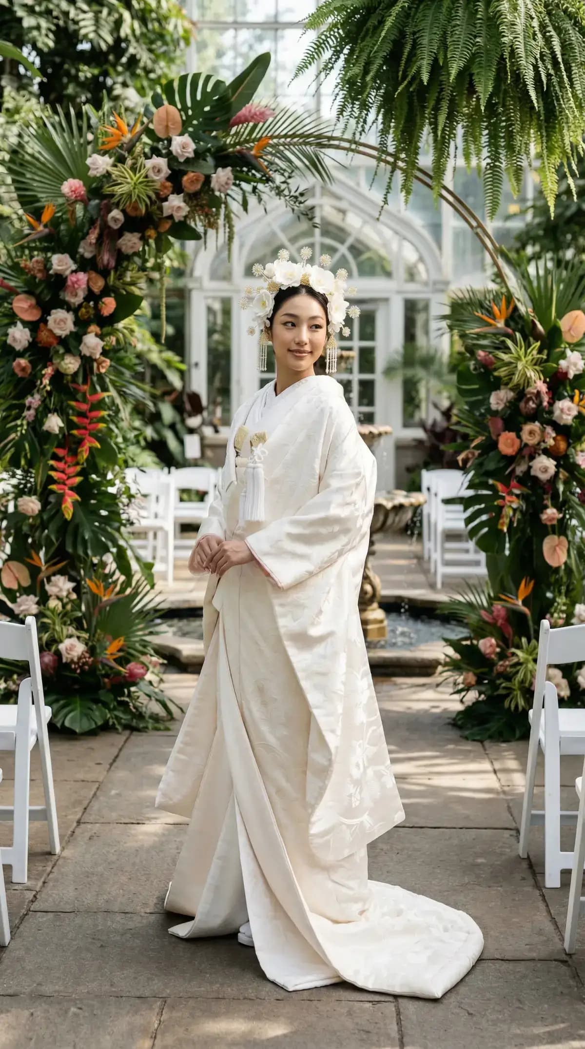 Same model in white shiromuku kimono at tropical conservatory
