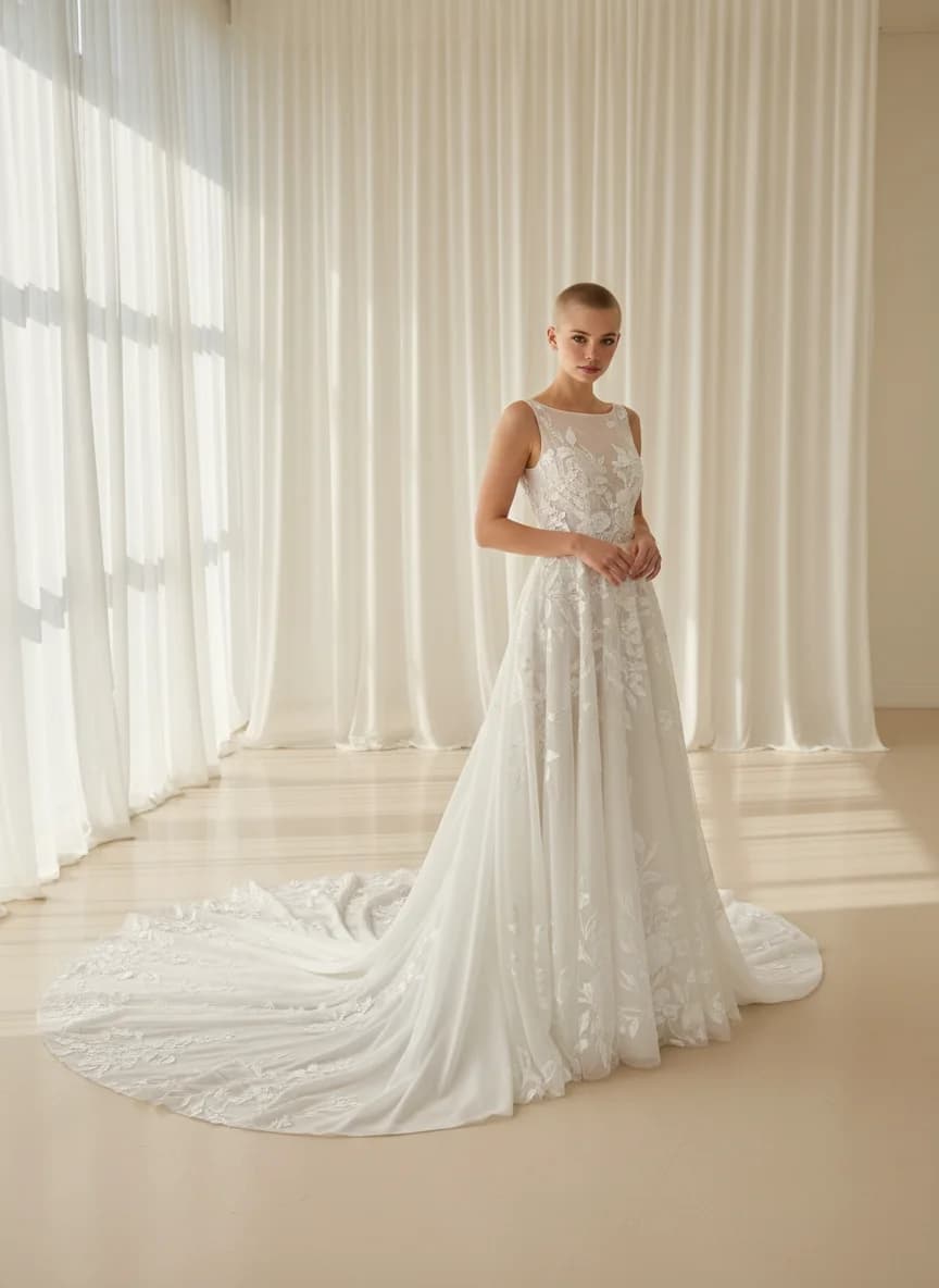 A-Line dress with Cathedral Train and Boat Neck neckline