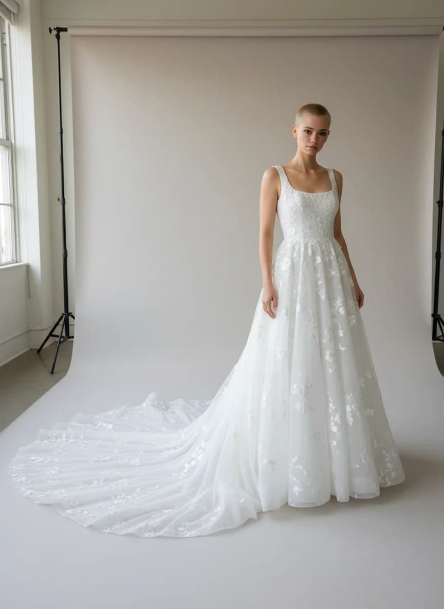 A-Line dress with Cathedral Train and Square neckline