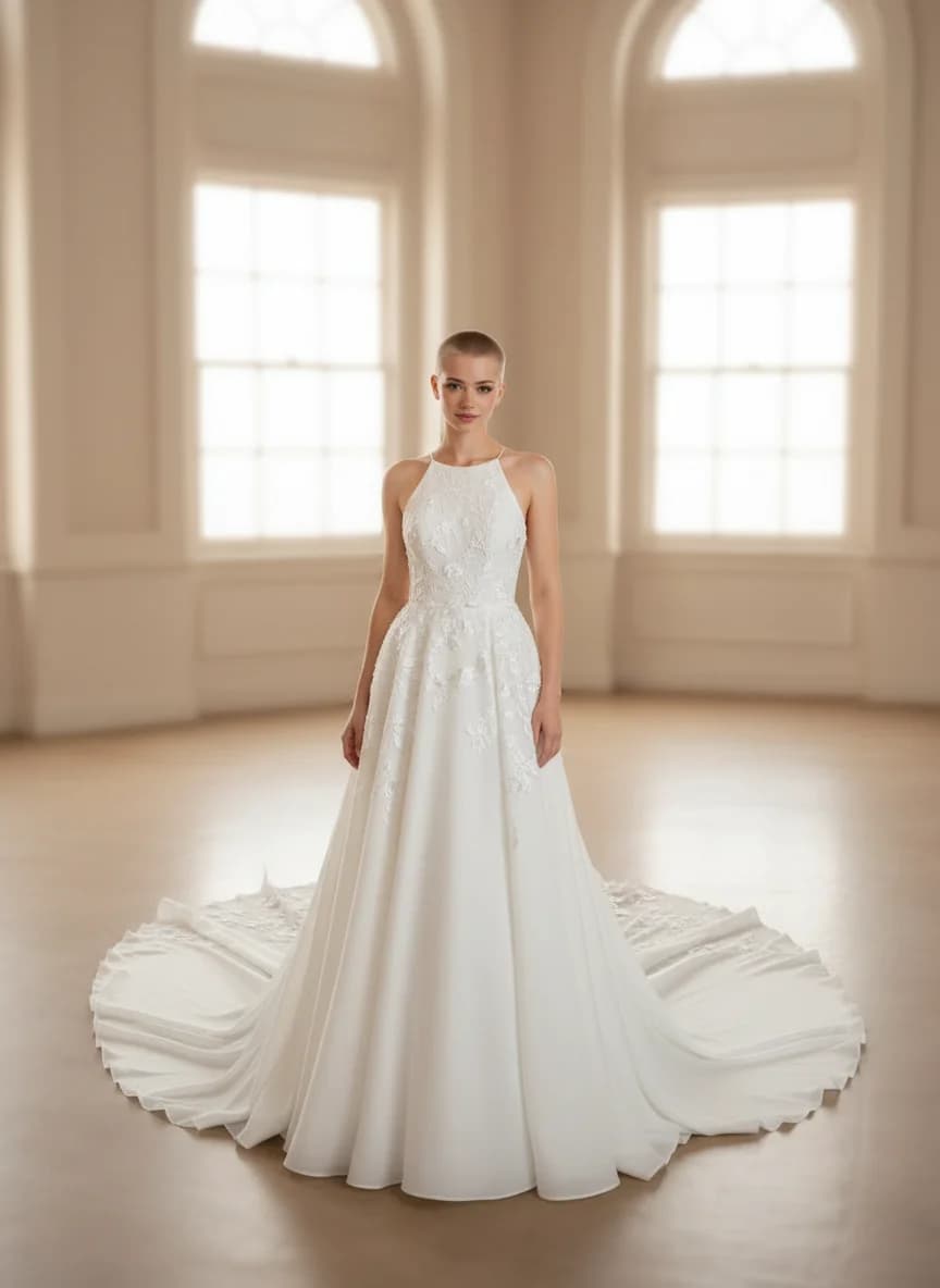 A-Line dress with Cathedral Train and Halter neckline