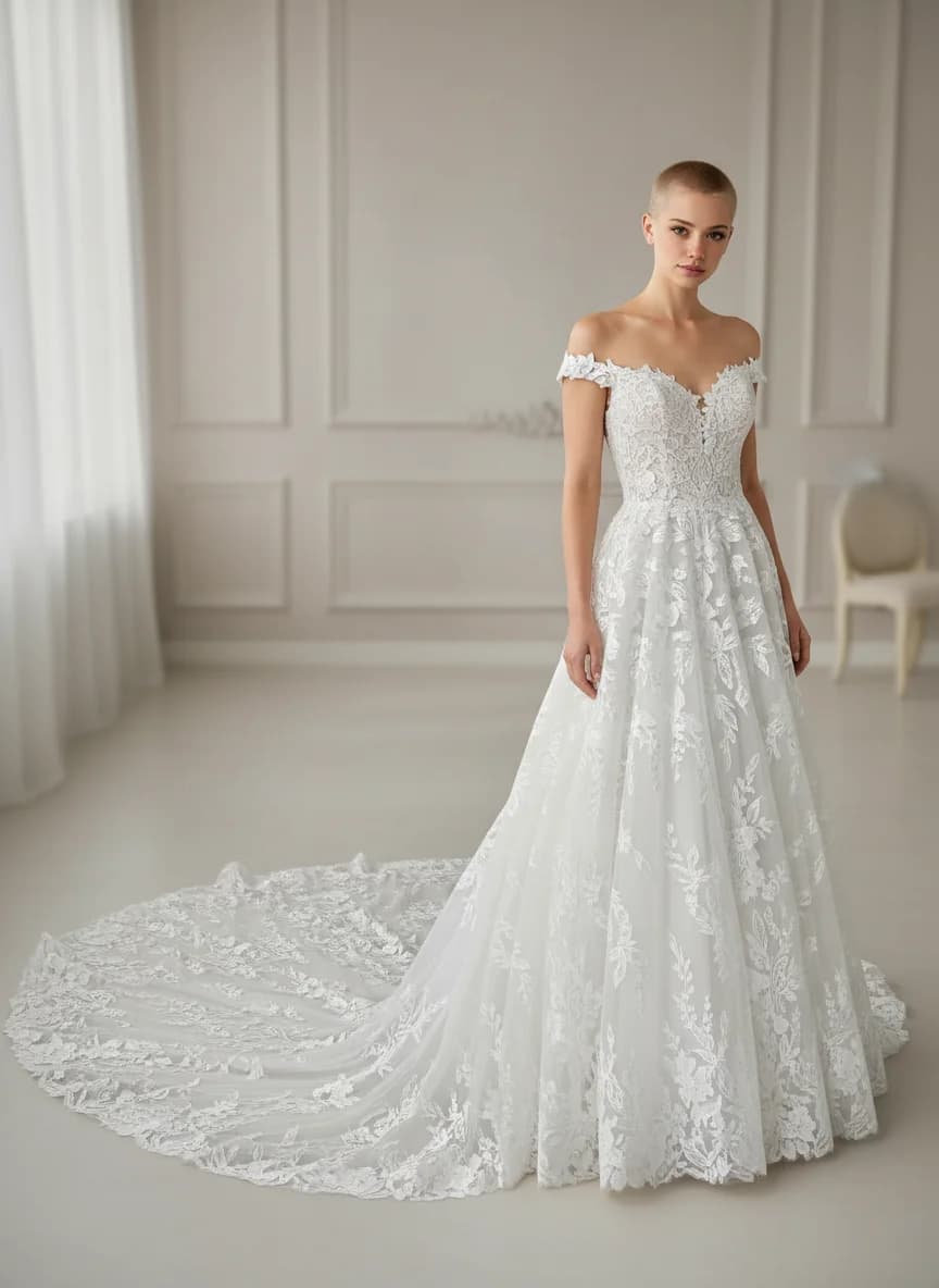 A-Line dress with Cathedral Train and Off Shoulder neckline