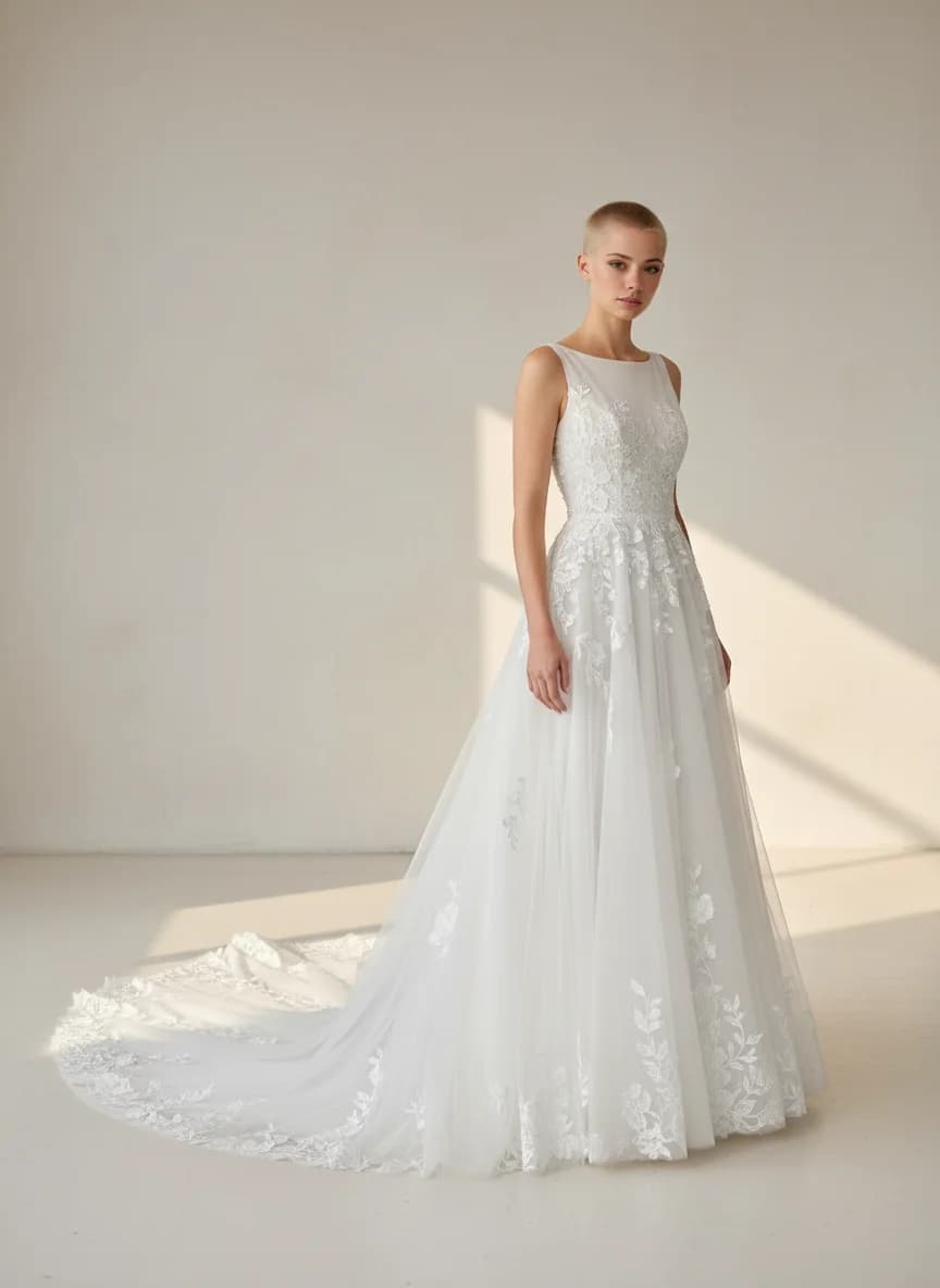 A-Line dress with Chapel Train and Boat Neck neckline