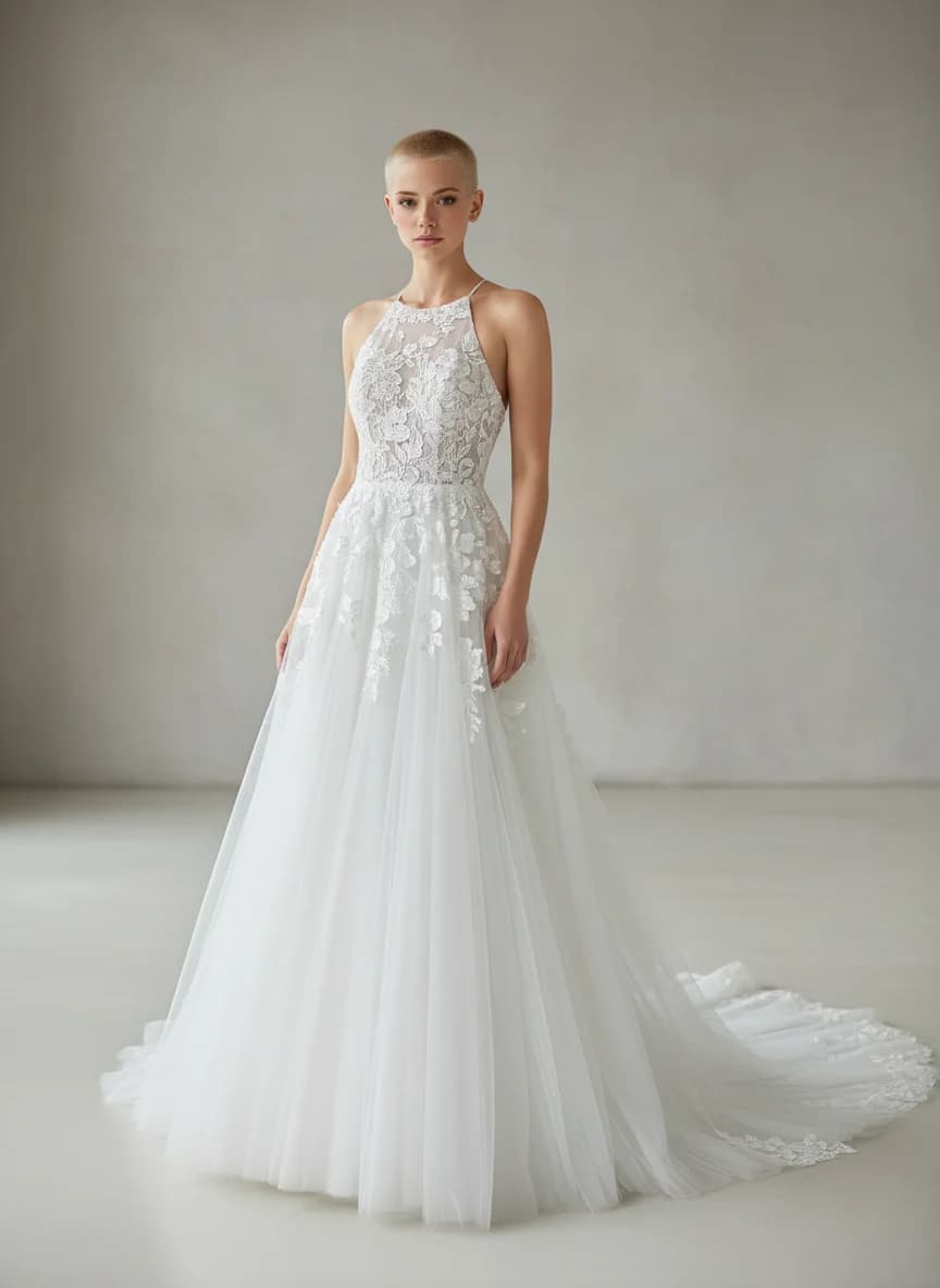 A-Line dress with Chapel Train and Halter neckline