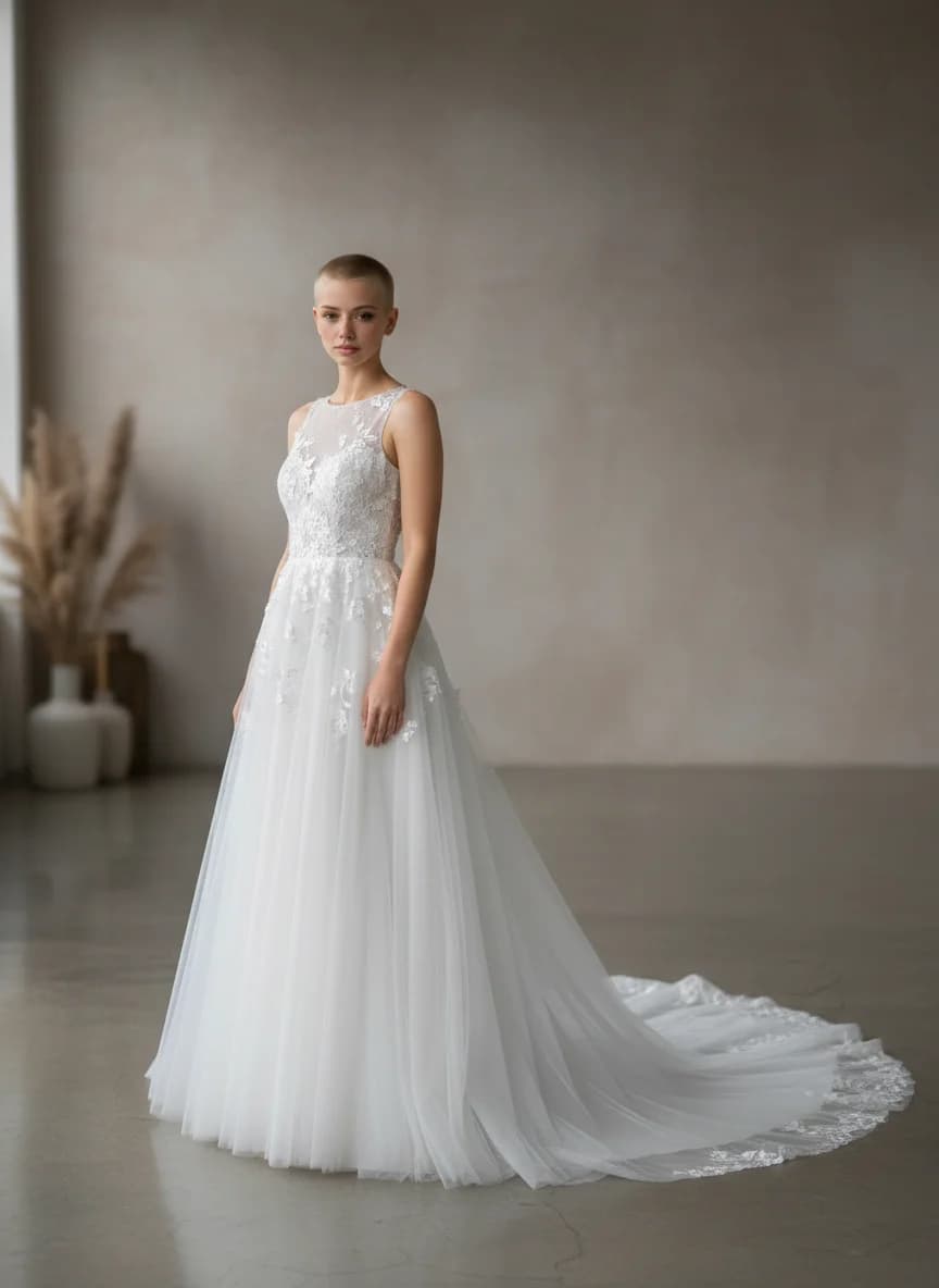 A-Line dress with Chapel Train and High Neckline neckline