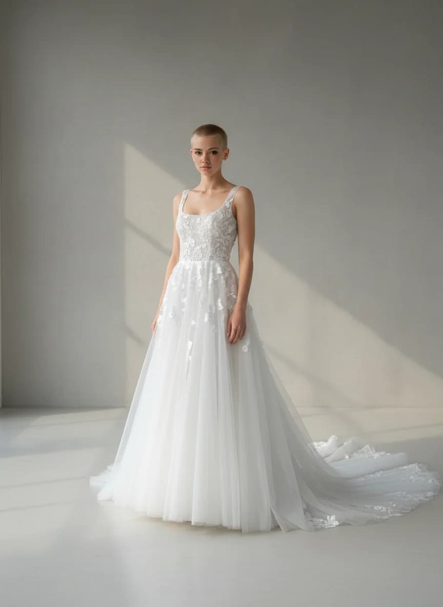 A-Line dress with Chapel Train and Square neckline