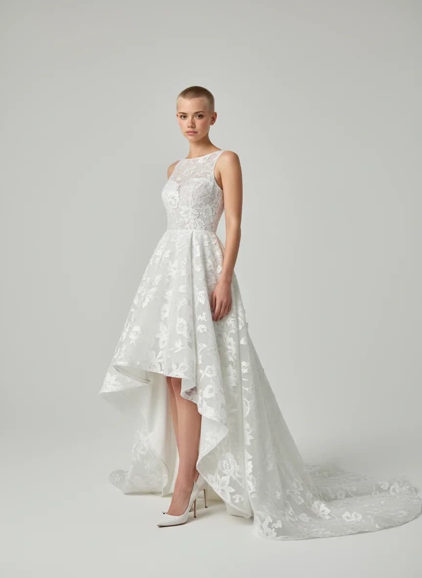 A-Line dress with High-Low and High Neckline neckline