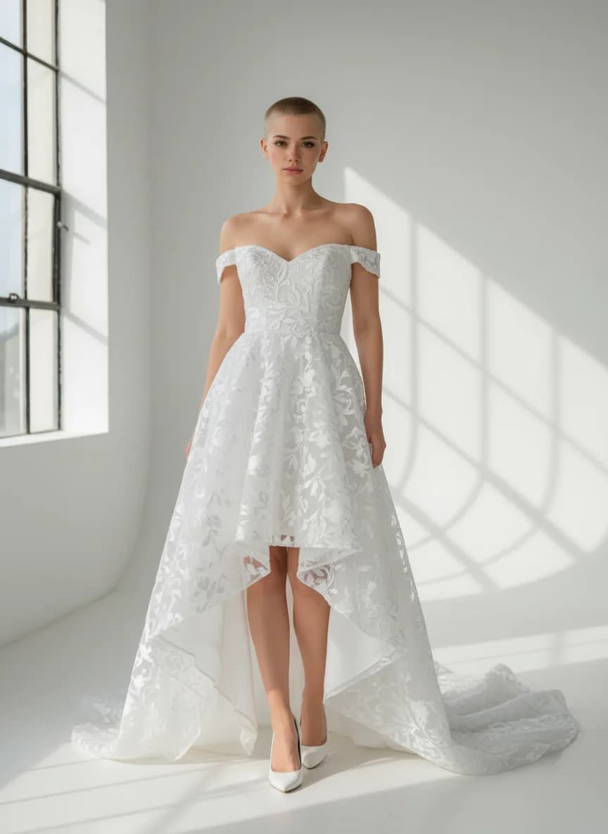 A-Line dress with High-Low and Off Shoulder neckline