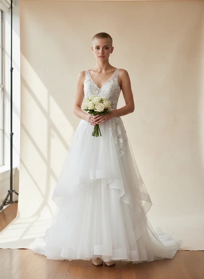 A-Line dress with Sweep Train and V-Neck neckline