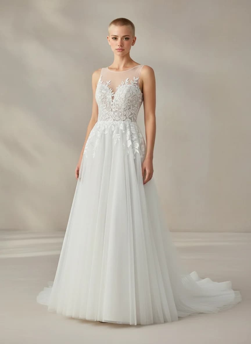 A-Line dress with Sweep Train and Illusion neckline