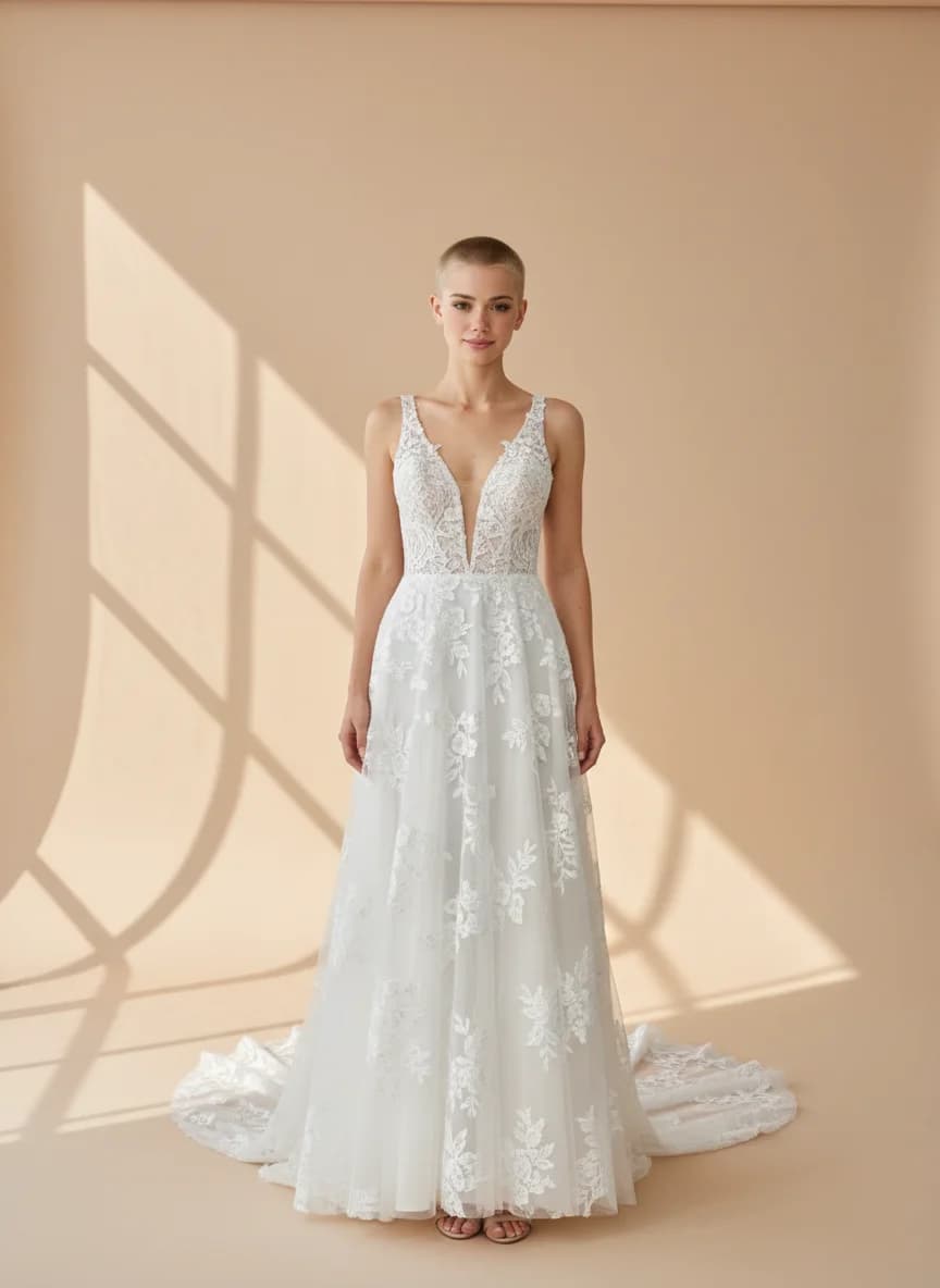 A-Line dress with Sweep Train and Plunge neckline