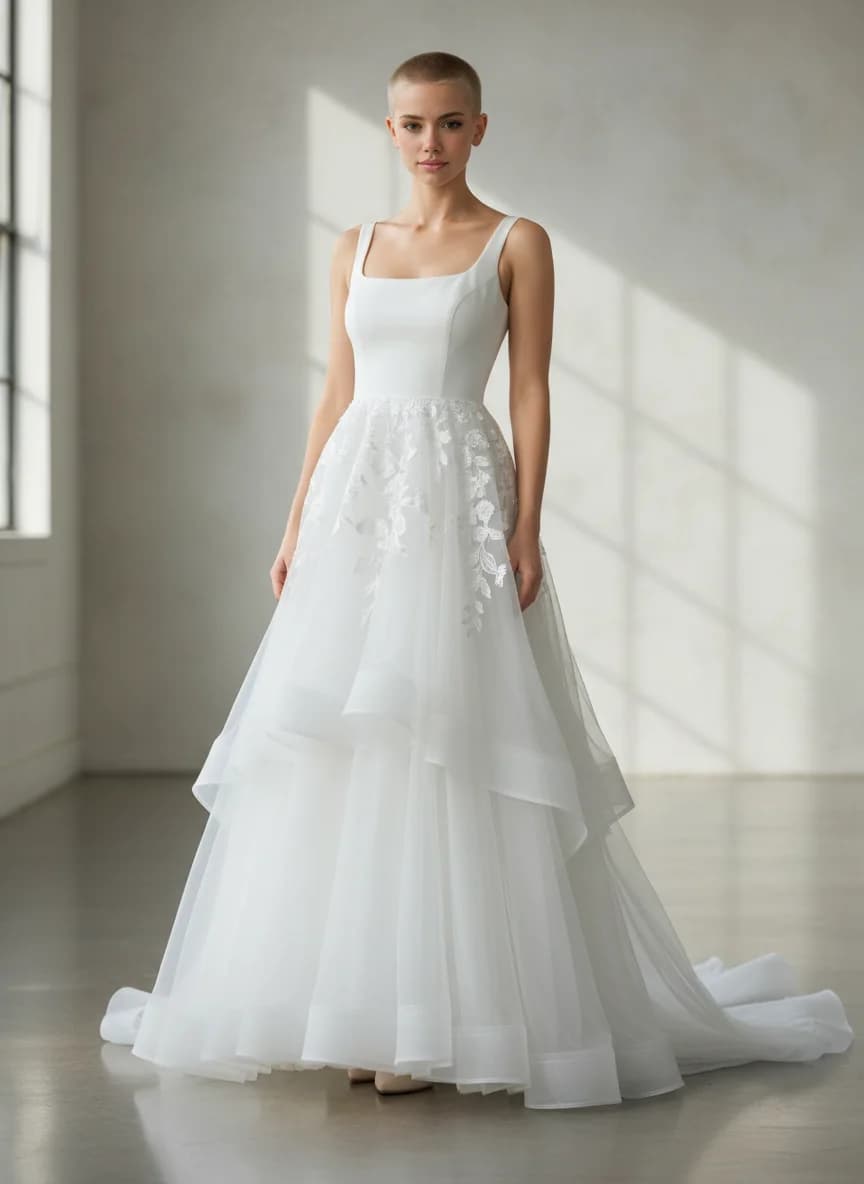 A-Line dress with Sweep Train and Square neckline