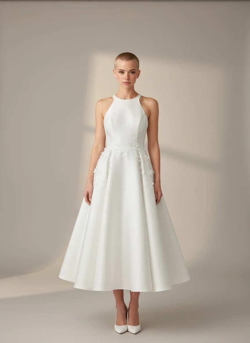 A-Line dress with Tea Length and Halter neckline