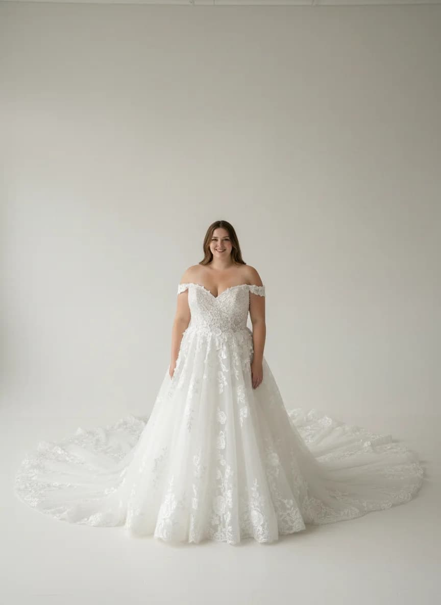 Ball Gown dress with Cathedral Train and Off Shoulder neckline