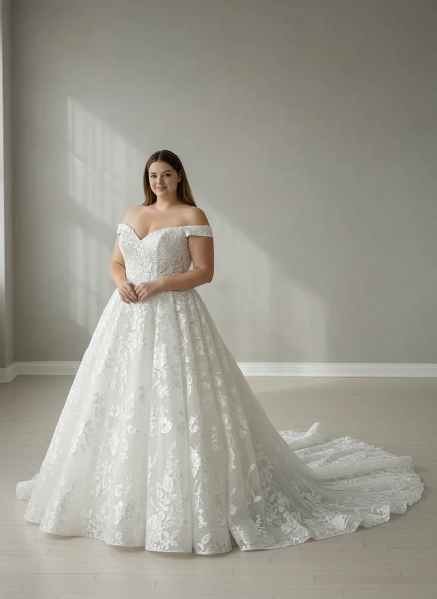 Ball Gown dress with Chapel Train and Off Shoulder neckline