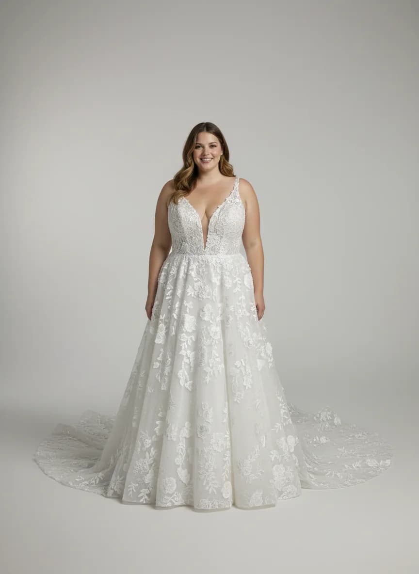 Ball Gown dress with Chapel Train and Plunge neckline