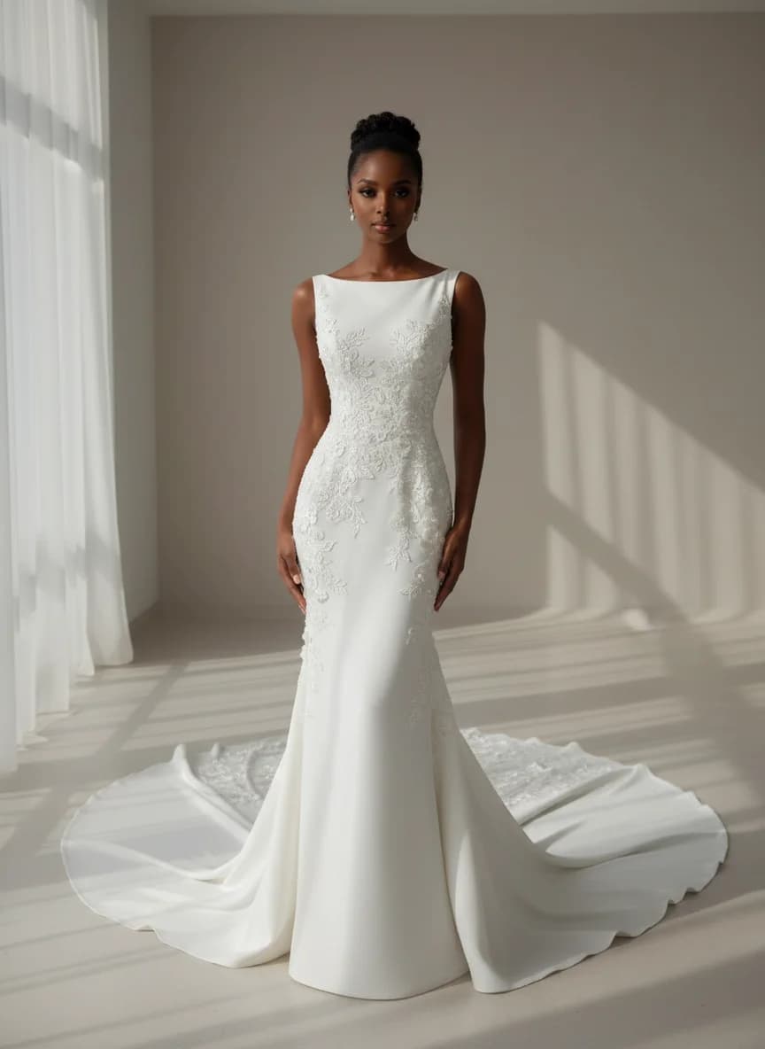 Column dress with Cathedral Train and Boat Neck neckline