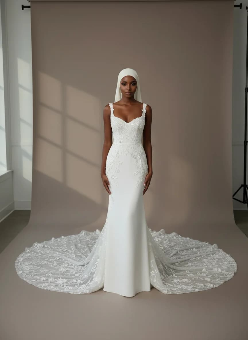 Column dress with Cathedral Train and Sweetheart neckline