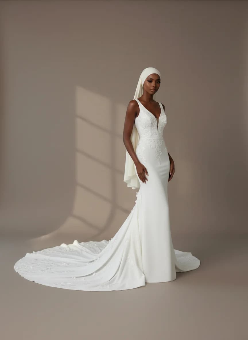 Column dress with Cathedral Train and V-Neck neckline