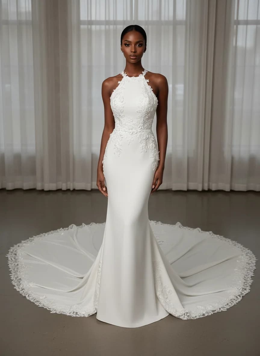 Column dress with Cathedral Train and Halter neckline