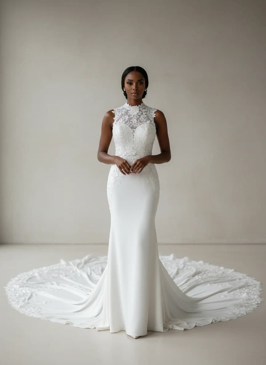 Column dress with Cathedral Train and High Neckline neckline
