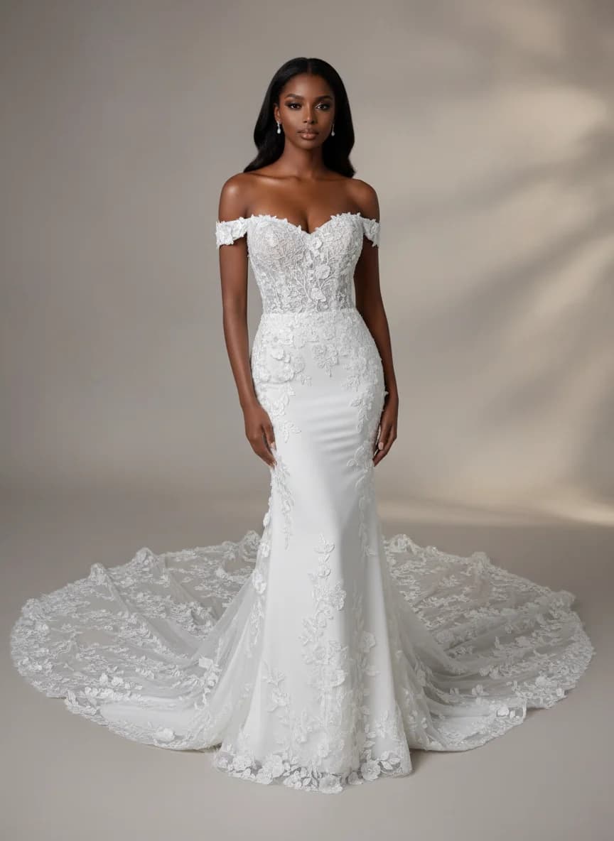 Column dress with Cathedral Train and Off Shoulder neckline