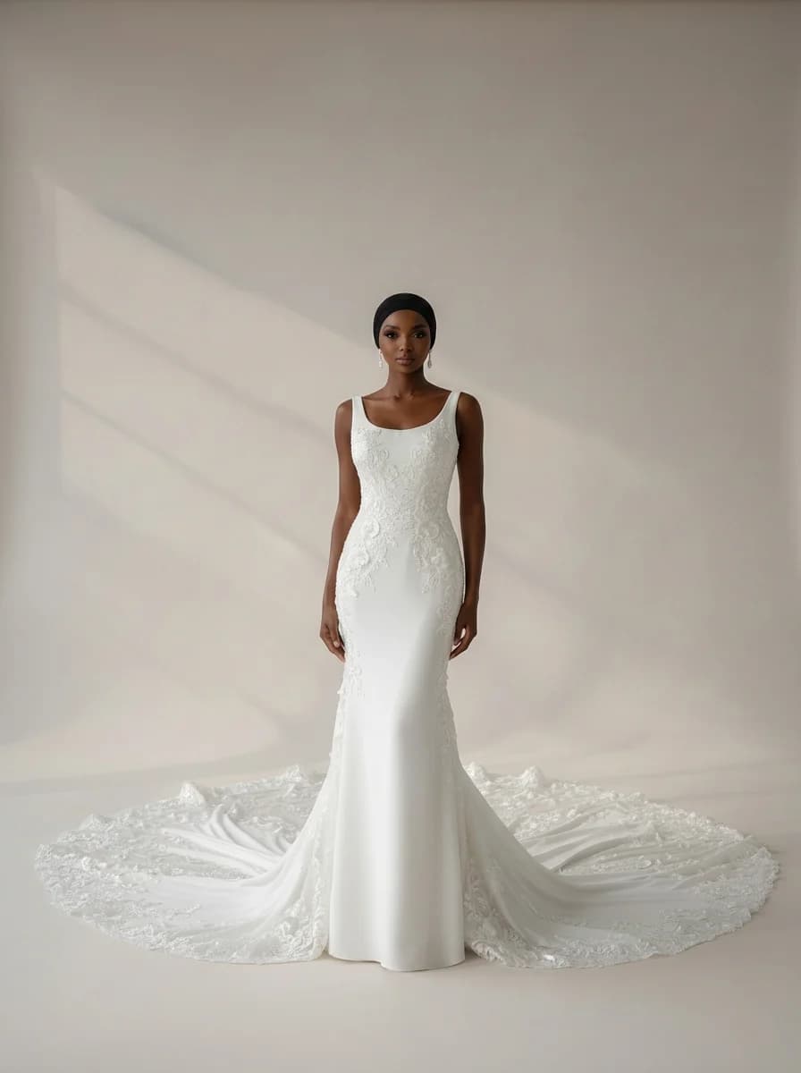 Column dress with Cathedral Train and Scoop neckline