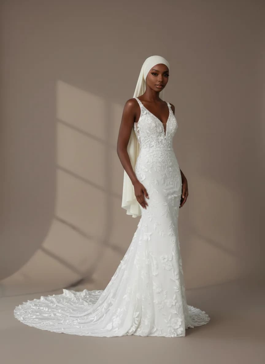 Column dress with Chapel Train and V-Neck neckline