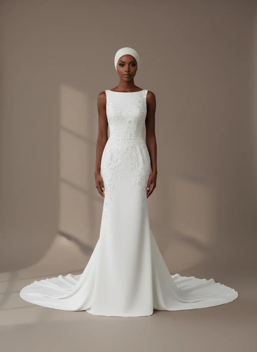 Column dress with Chapel Train and High Neckline neckline