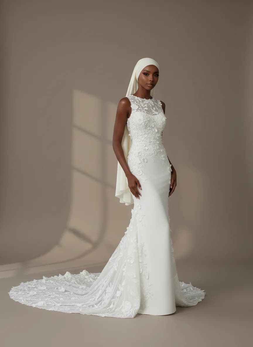 Column dress with Chapel Train and Illusion neckline