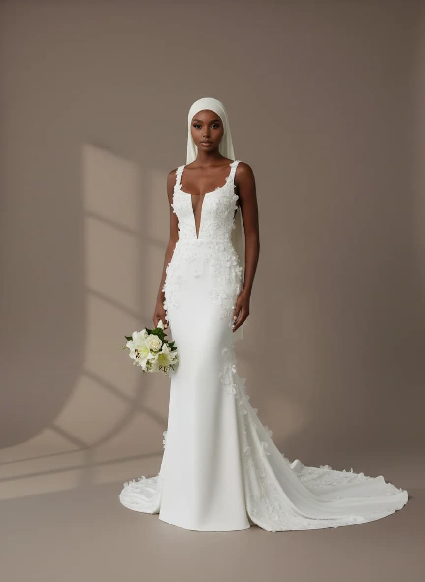 Column dress with Chapel Train and Plunge neckline