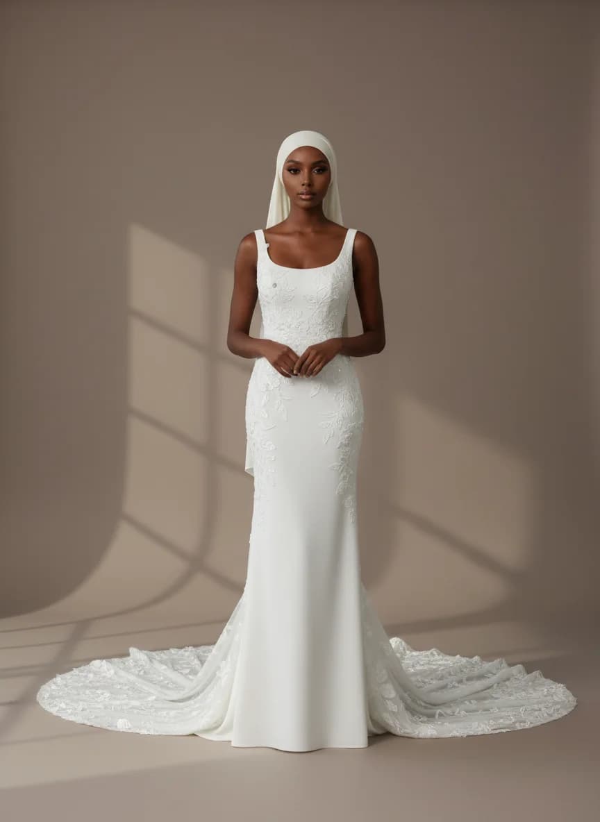 Column dress with Chapel Train and Scoop neckline