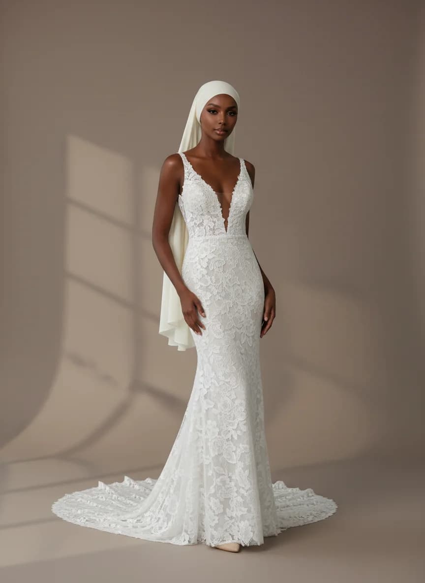 Column dress with Sweep Train and Plunge neckline