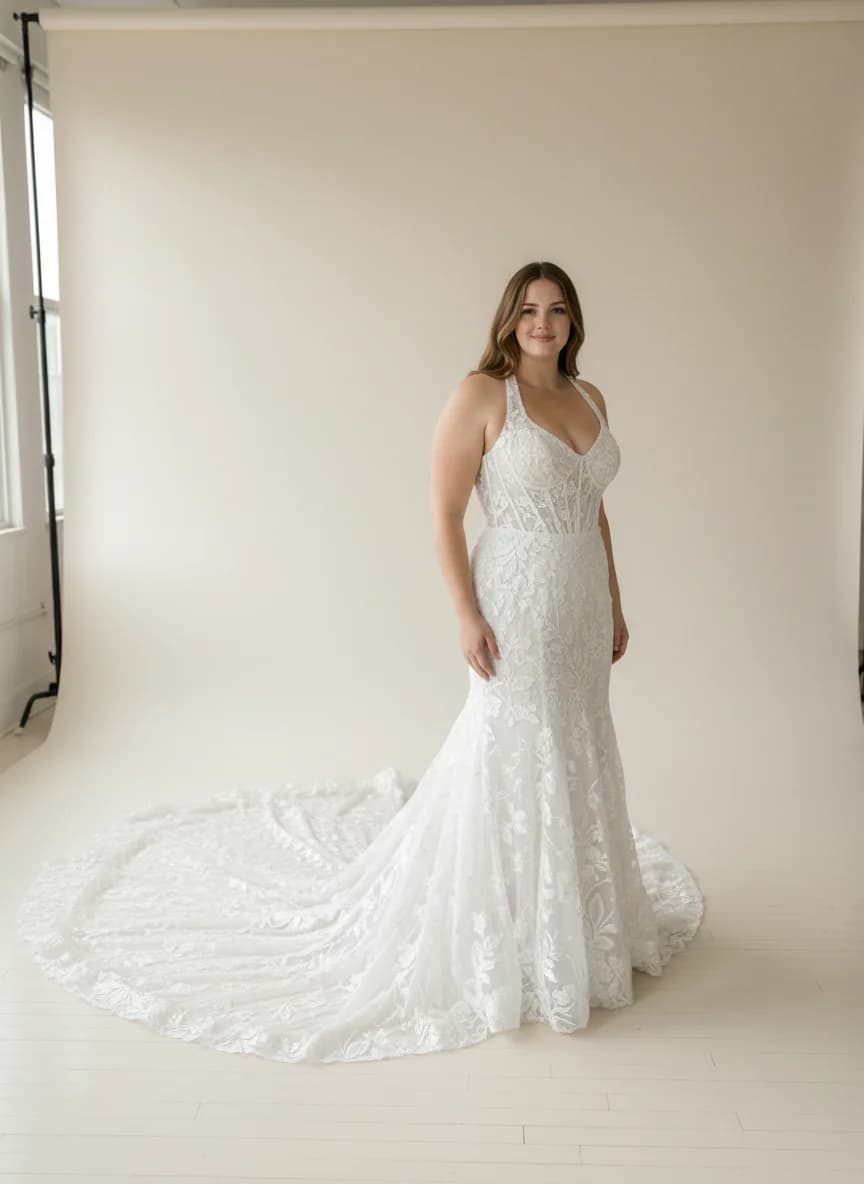 Corset dress with Cathedral Train and Halter neckline