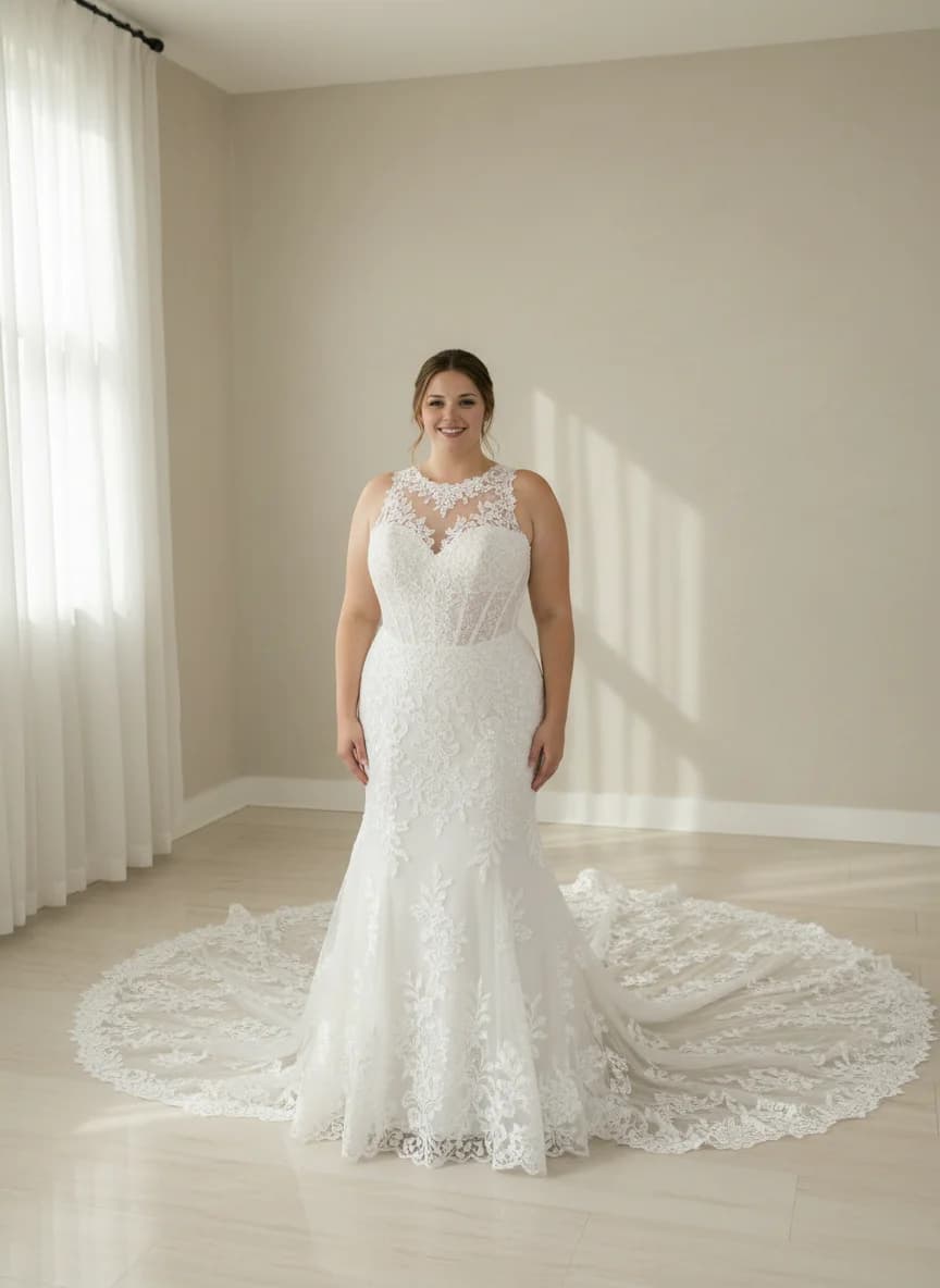 Corset dress with Cathedral Train and High Neckline neckline