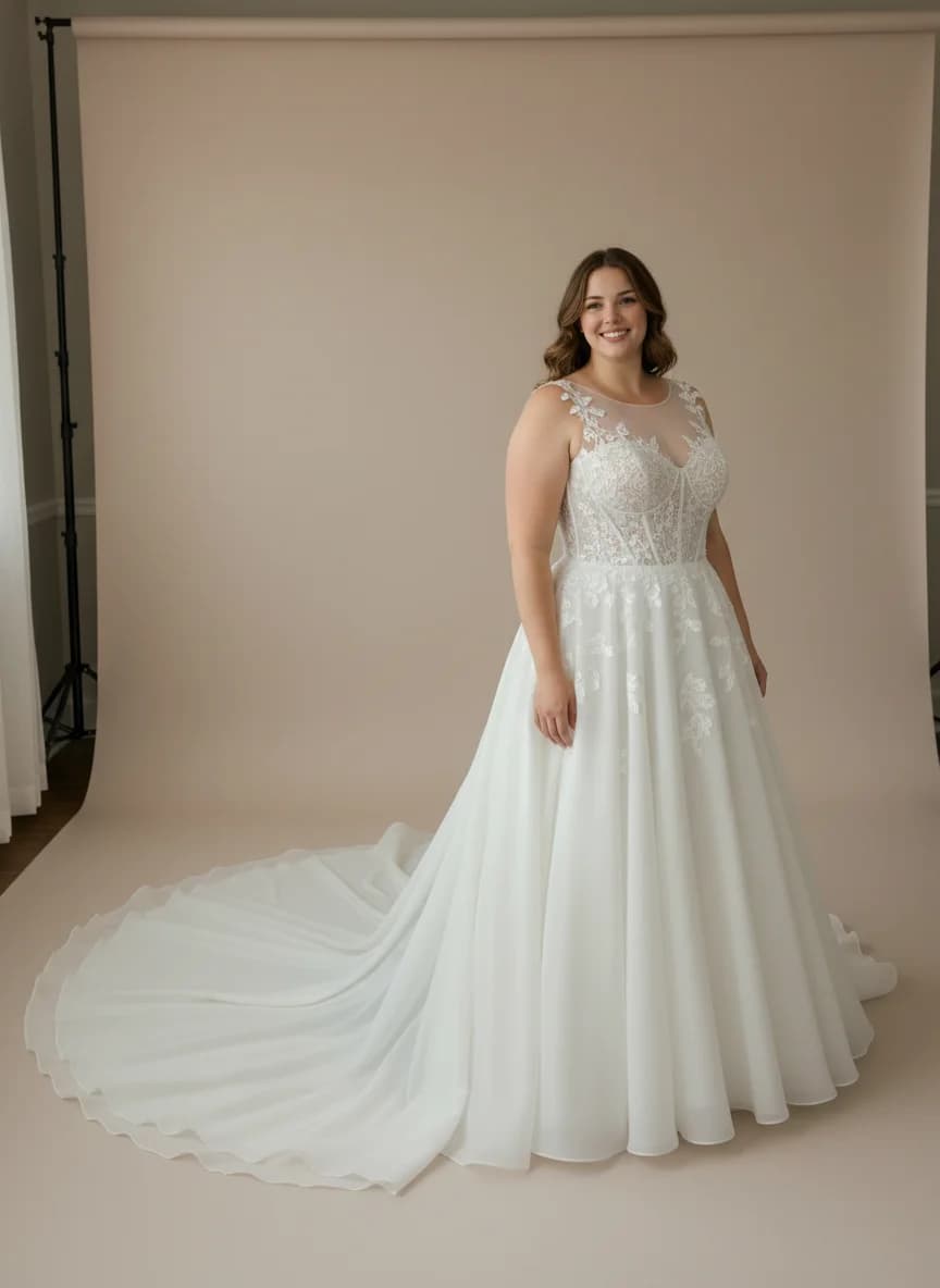 Corset dress with Cathedral Train and Illusion neckline