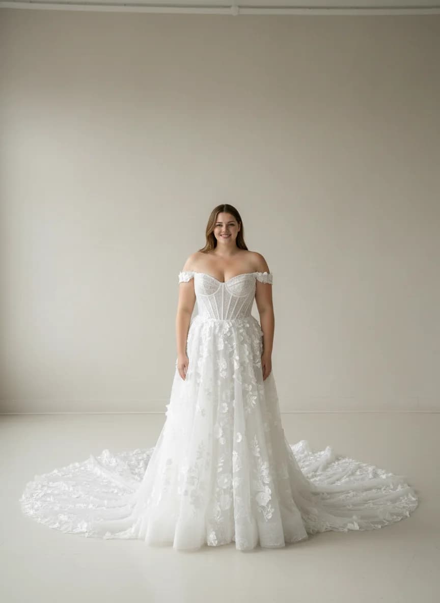 Corset dress with Cathedral Train and Off Shoulder neckline